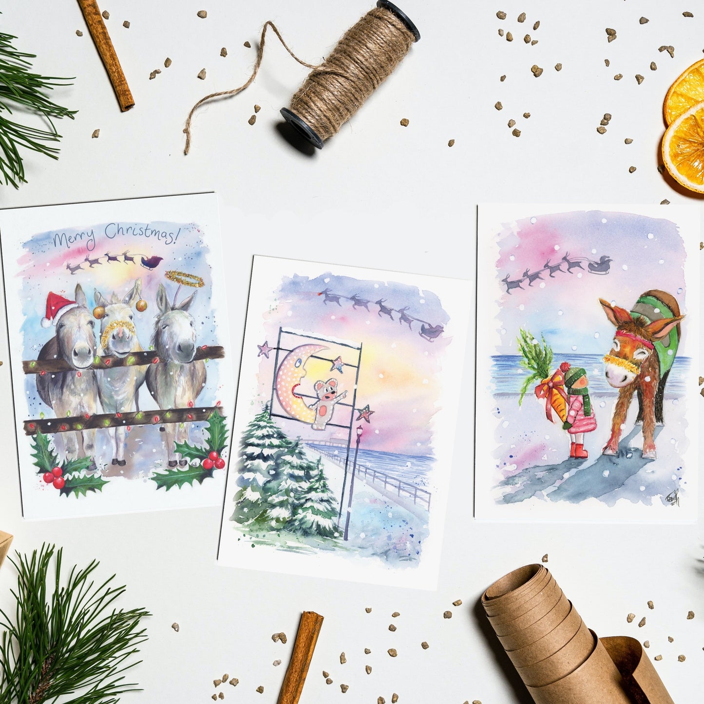Three watercolour Christmas Cards featuring local watercolour illustrations by Eve Leoni Smith. Paintings feature the Cleethorpes donkeys, the Mouse and the Moon and Cleethorpes Seafront.