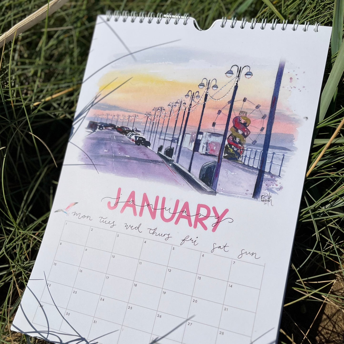 2024 calendar featuring watercolour artwork of Cleethorpes Seafront by Eve Leoni Art.