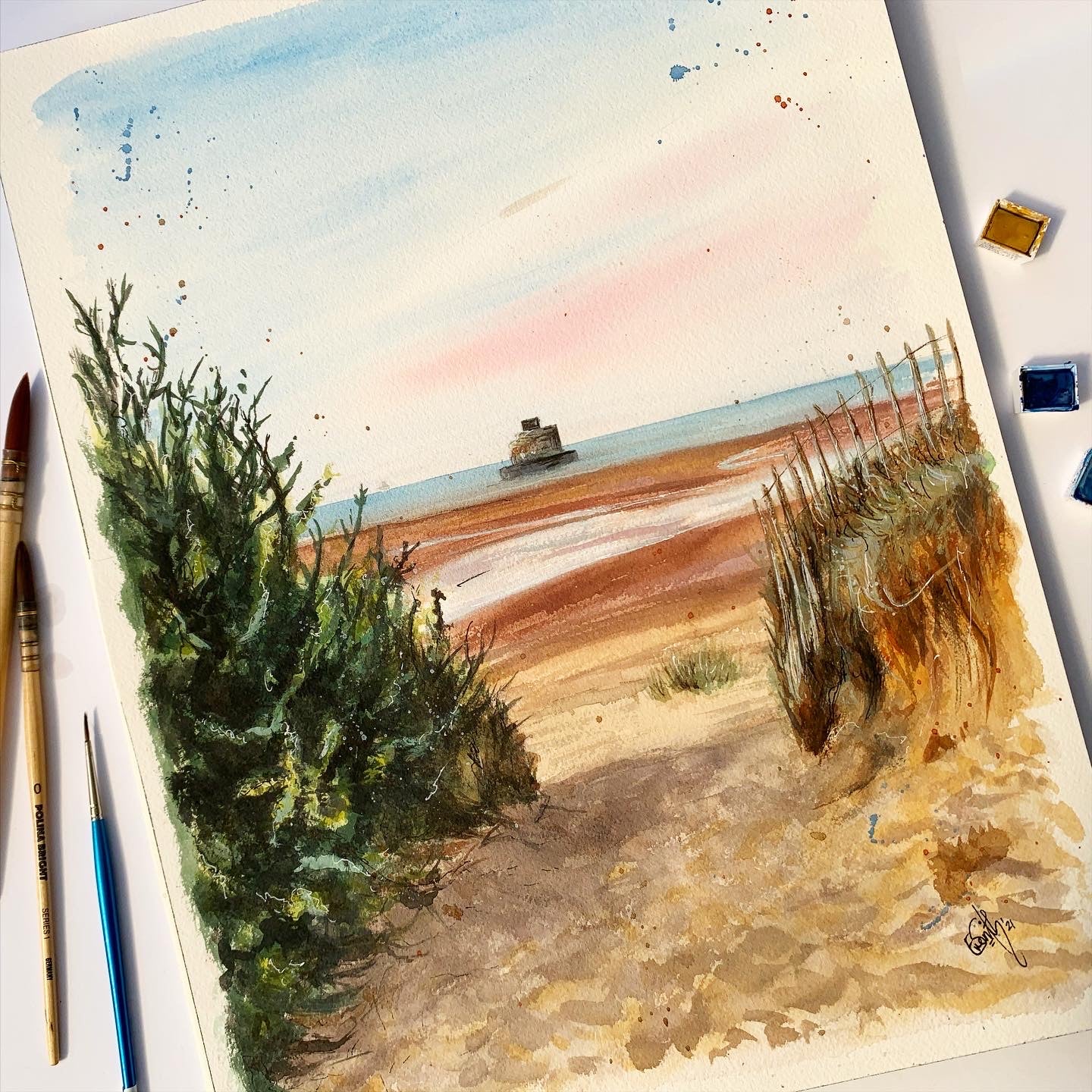 An original watercolour painting of the Haile Sands Fort at Humberston Fitties beach, painted by Eve Leoni Smith, a local Grimsby artist.
