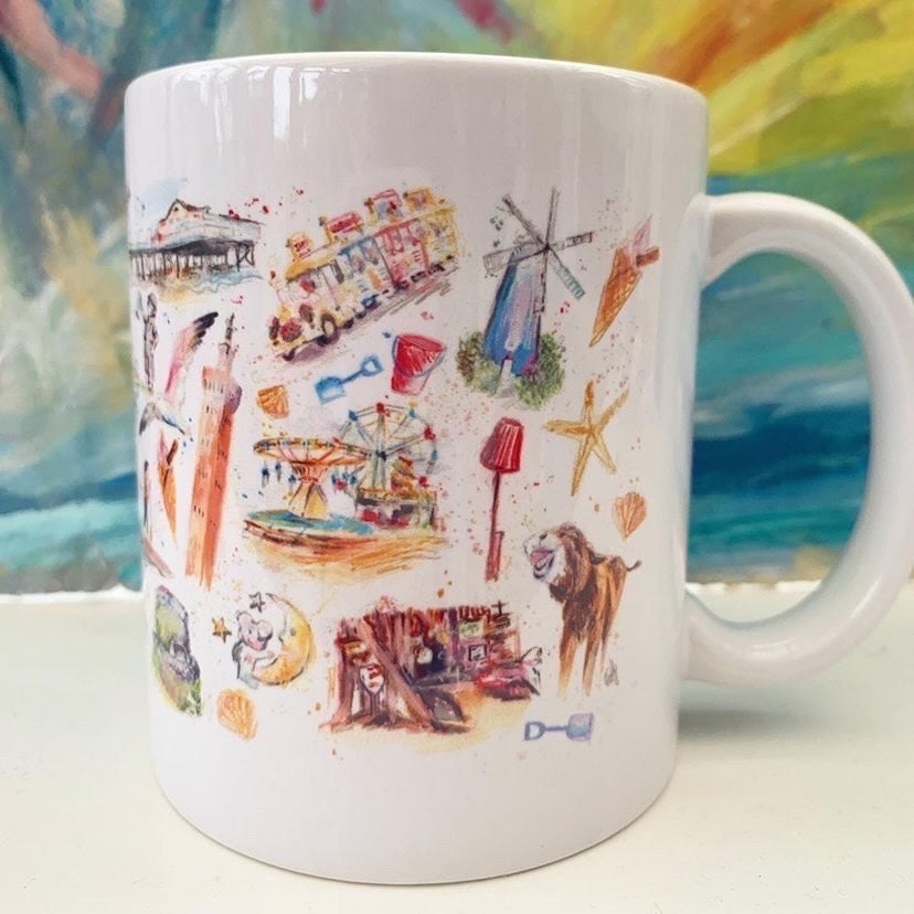 An 11oz ceramic mug featuring illustrations of local landmarks by Cleethorpes artist, Eve Leoni Smith.