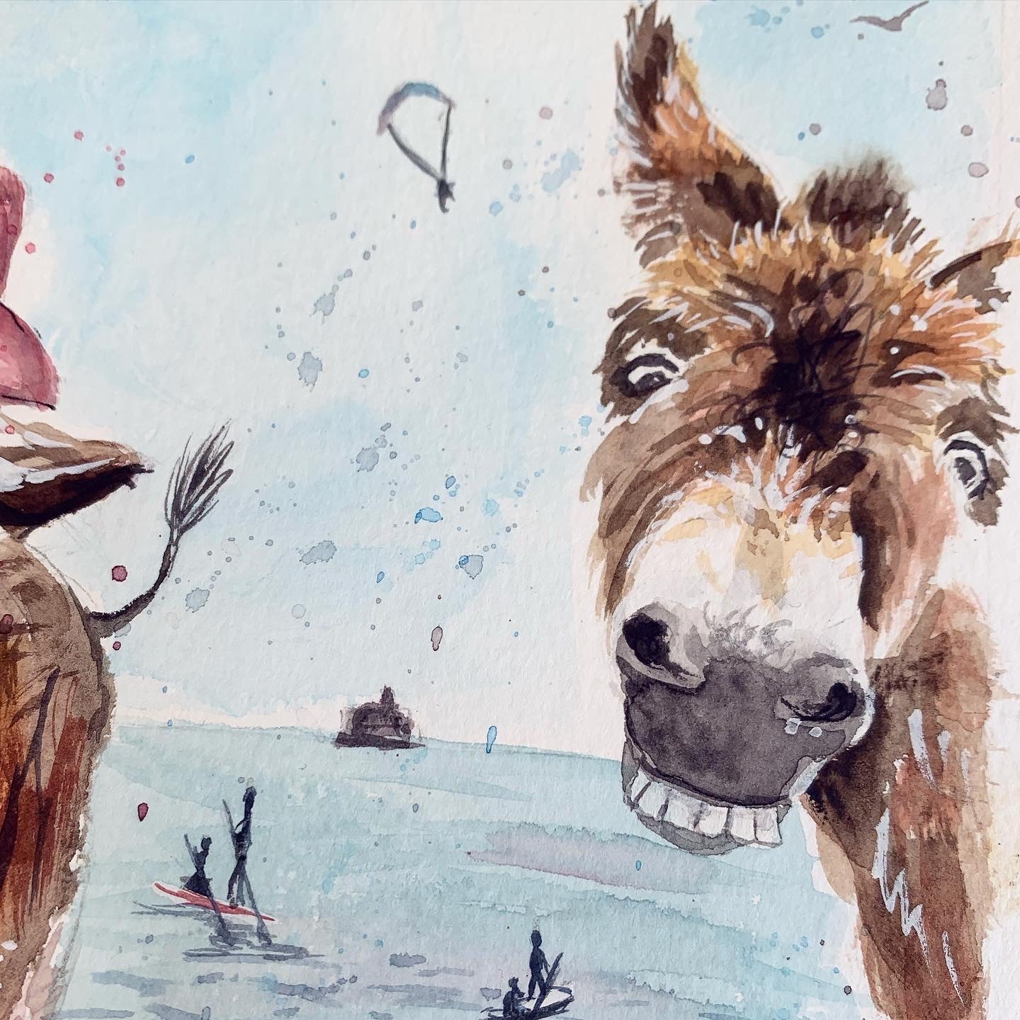An original watercolour painting of the charming Cleethorpes donkeys on Cleethorpes beach by local Grimsby artist, Eve Leoni Art.