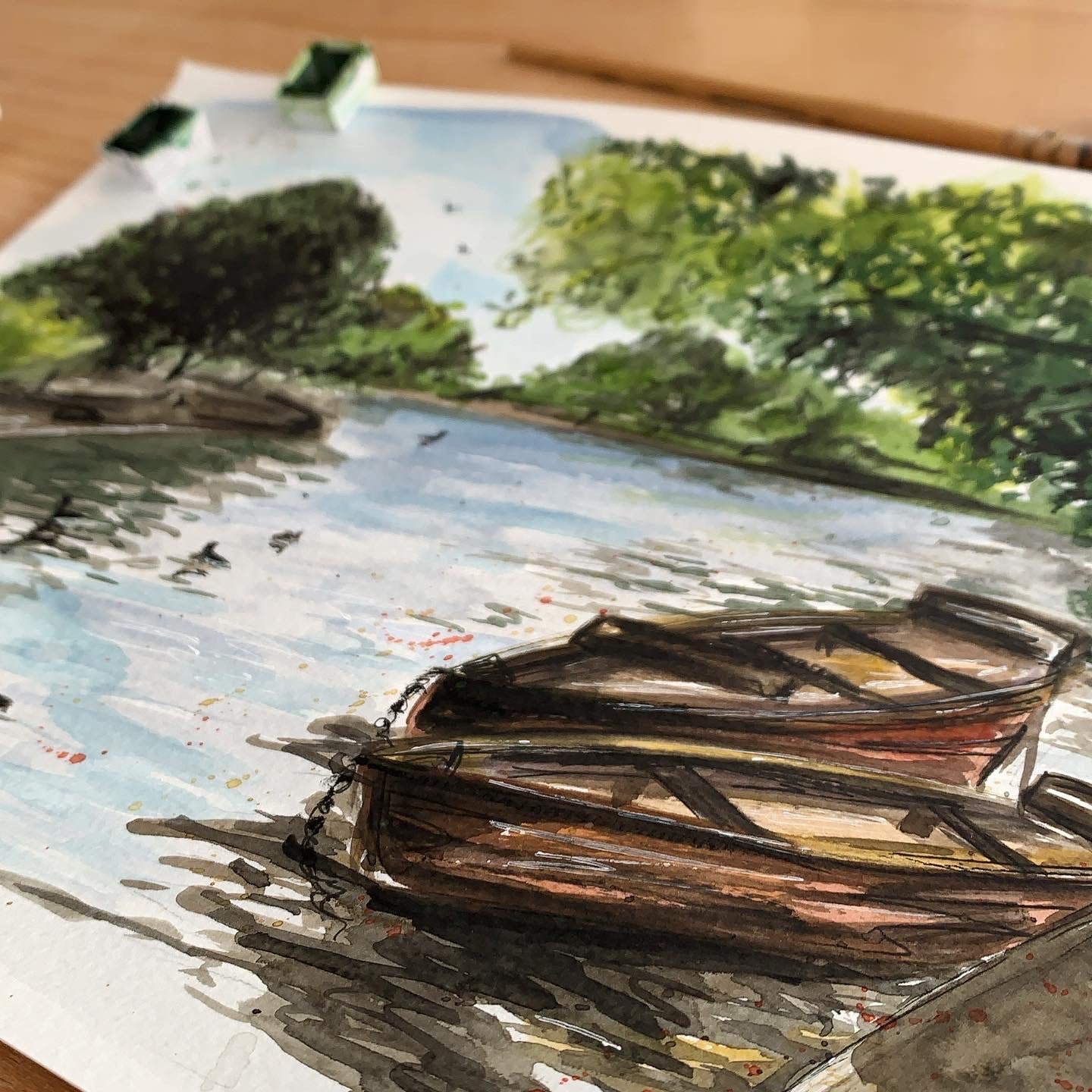 An original watercolour painting of the Cleethorpes boating lake, by local artist, Eve Leoni Smith.