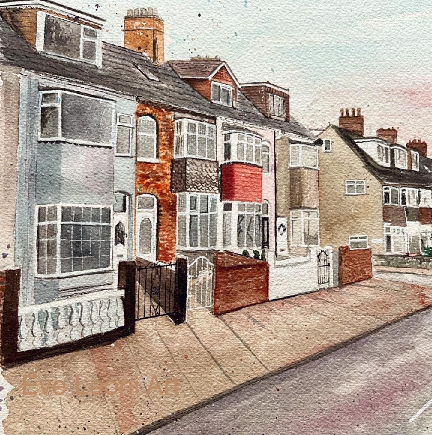 An original watercolour painting of some houses on the Kingsway, Cleethorpes. This original artwork was painted by local Cleethorpes artist, Eve Leoni Smith.
