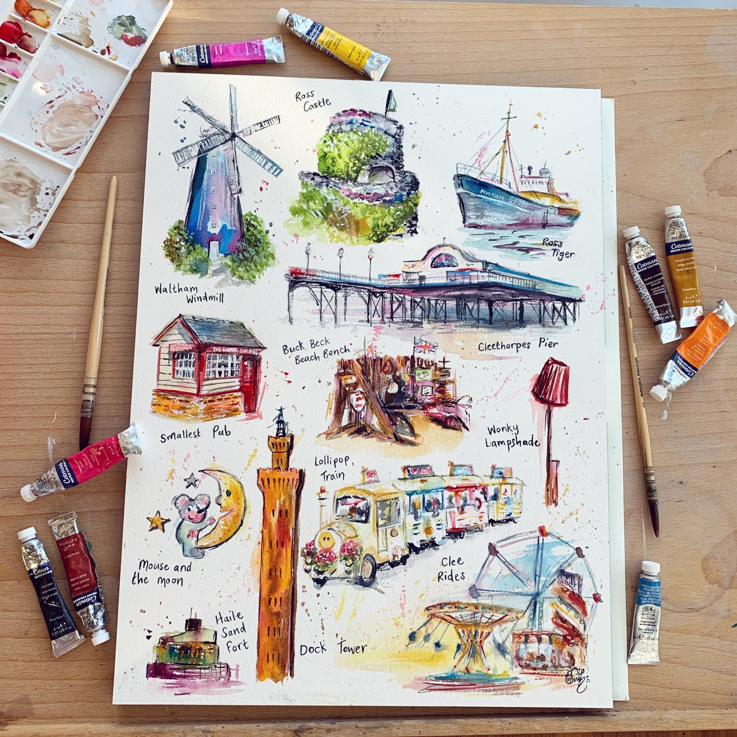 Original watercolour illustrations of local landmarks in Grimsby and Cleethorpes by Cleethorpes artist, Eve Leoni Smith. Painting features the Grimsby dock tower, Cleethorpes Pier, Waltham Windmill and the Mouse and the Moon.
