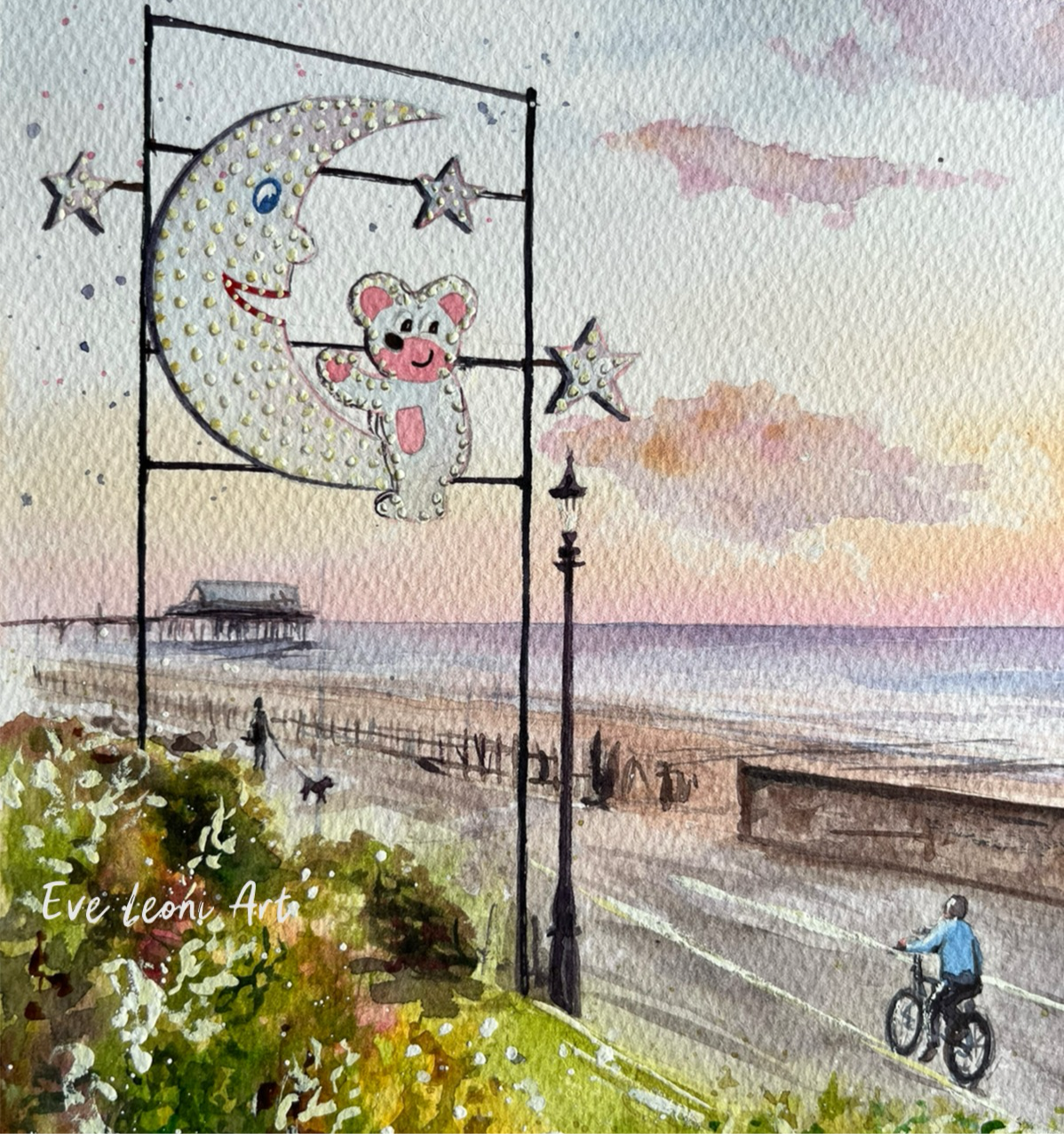 A close up photo of an original watercolour painting of the Mouse and The Moon with a cyclist riding along Cleethorpes Promenade towards Cleethorpes Pier. Painted by Grimsby artist, Eve Leoni Smith.