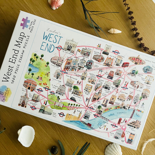 A 1000 piece jigsaw puzzle featuring Eve Leoni Smith’s West End map. 