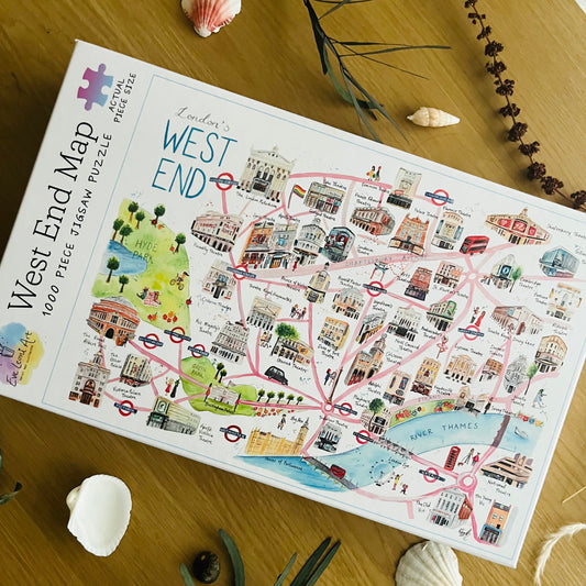 A 1000 piece jigsaw puzzle featuring Eve Leoni Smith’s West End map.