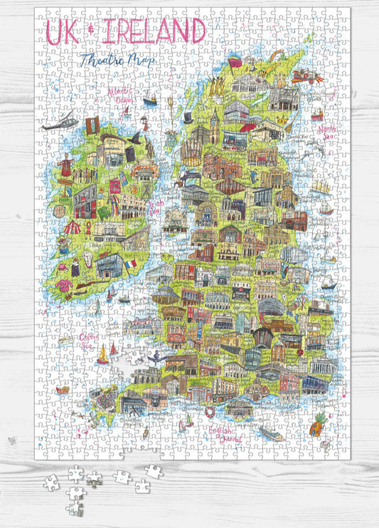 Jigsaw puzzle with a theatre map of UK and Ireland on a white background