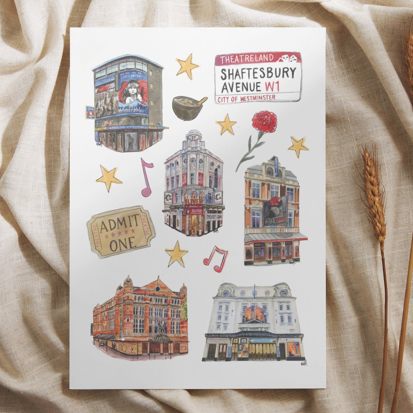 A white A5 sticker sheet featuring watercolour illustrations of West End theatres on Shaftesbury Avenue in London, painted by Eve Leoni Art.