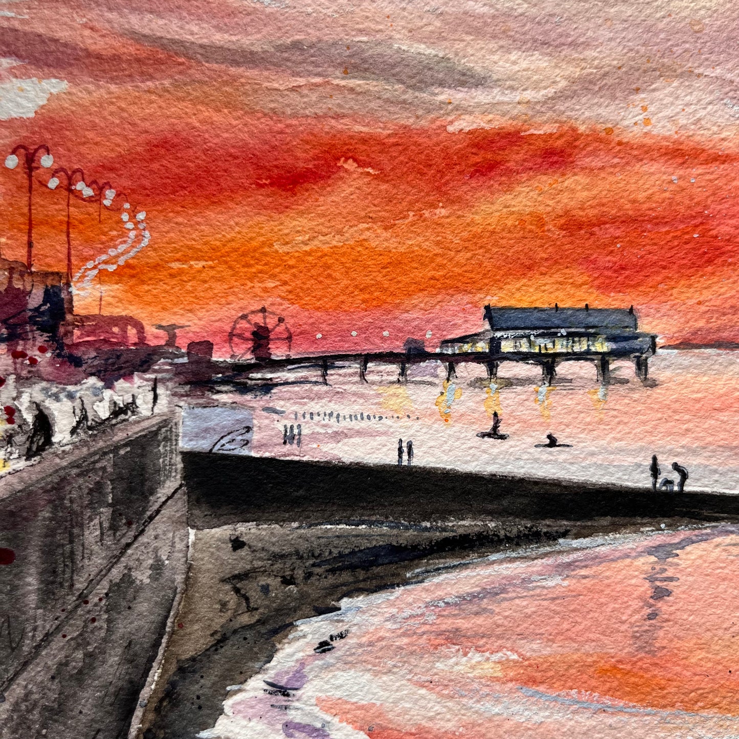 Cleethorpes pier at sunset, an original watercolour painting by local artist, Eve Leoni Smith.