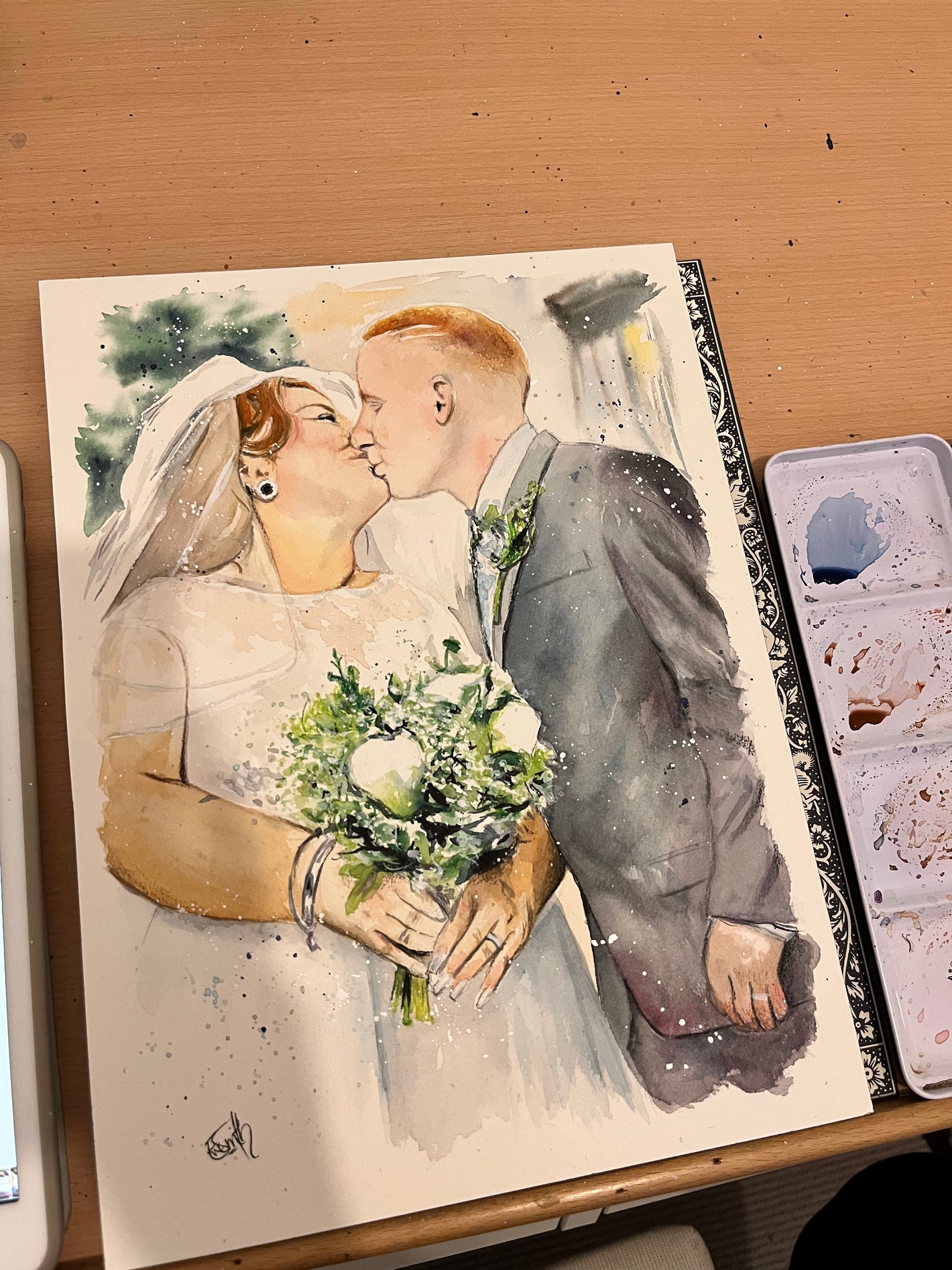 Original watercolour portrait of a bridge and groom on their wedding day, captured by Grimsby artist Eve Leoni Smith.