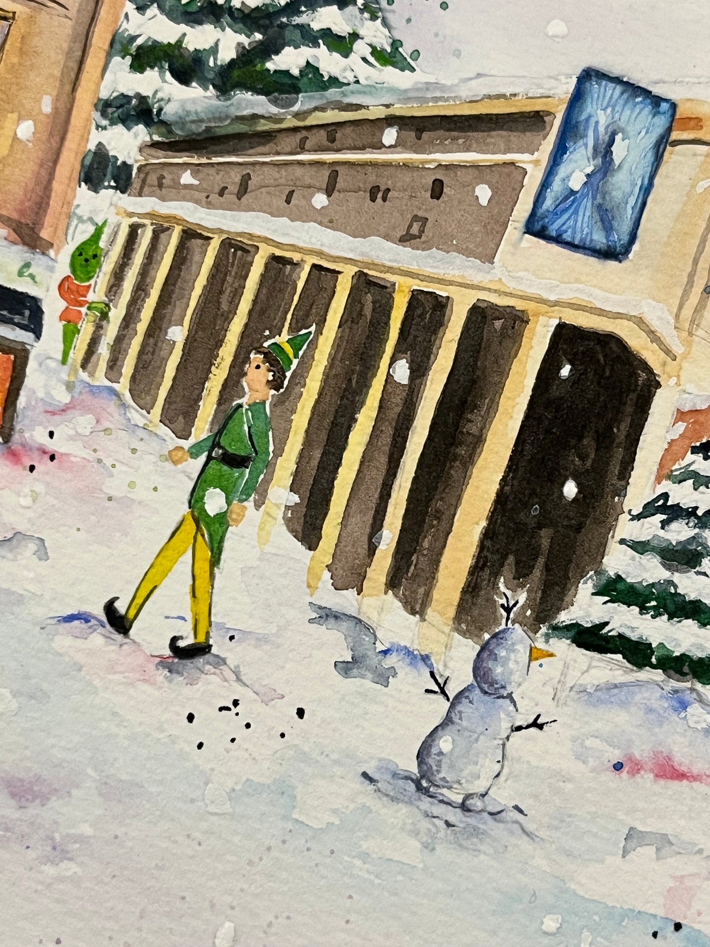 A close-up of a watercolour illustration by local artist and performer, Eve Leoni Smith. The painting features characters from different West End Musicals at Christmas.