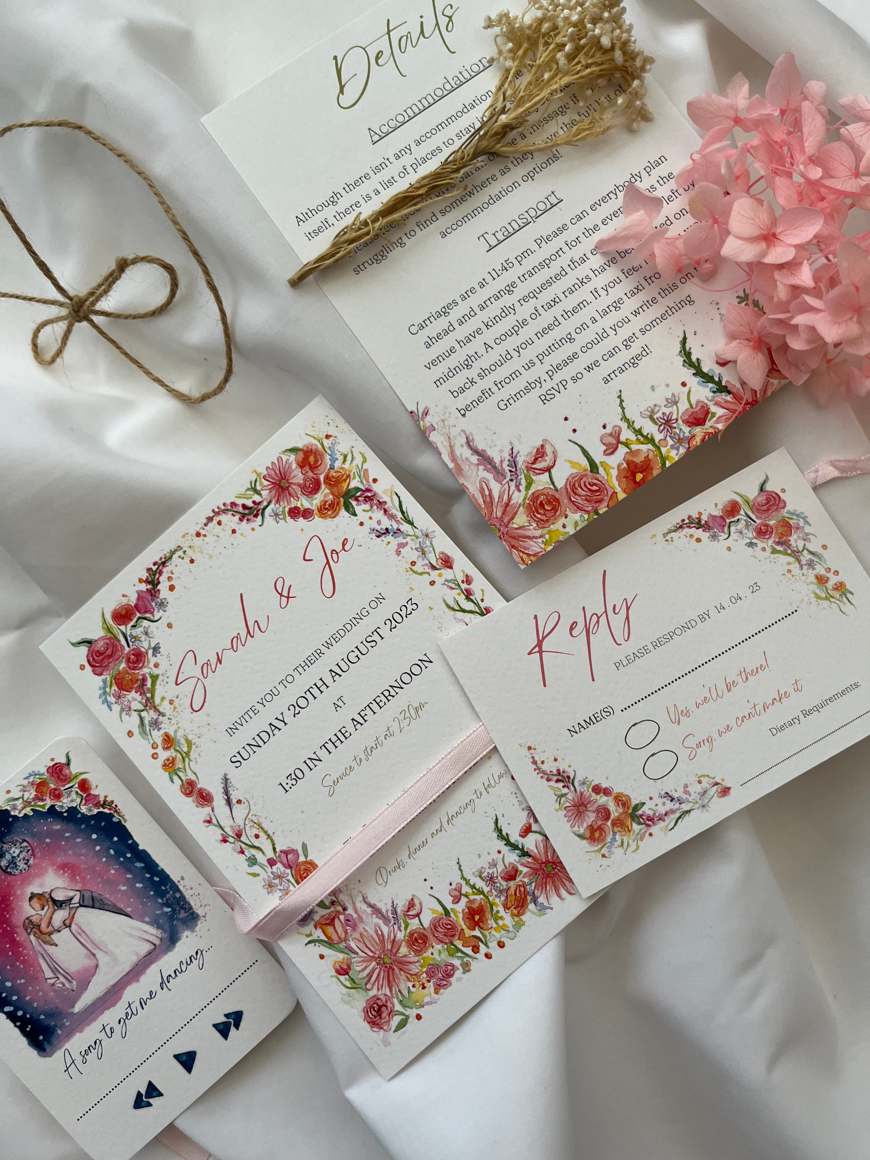 Luxury watercolour invitation suites designed by Eve Leoni Art in Cleethorpes.