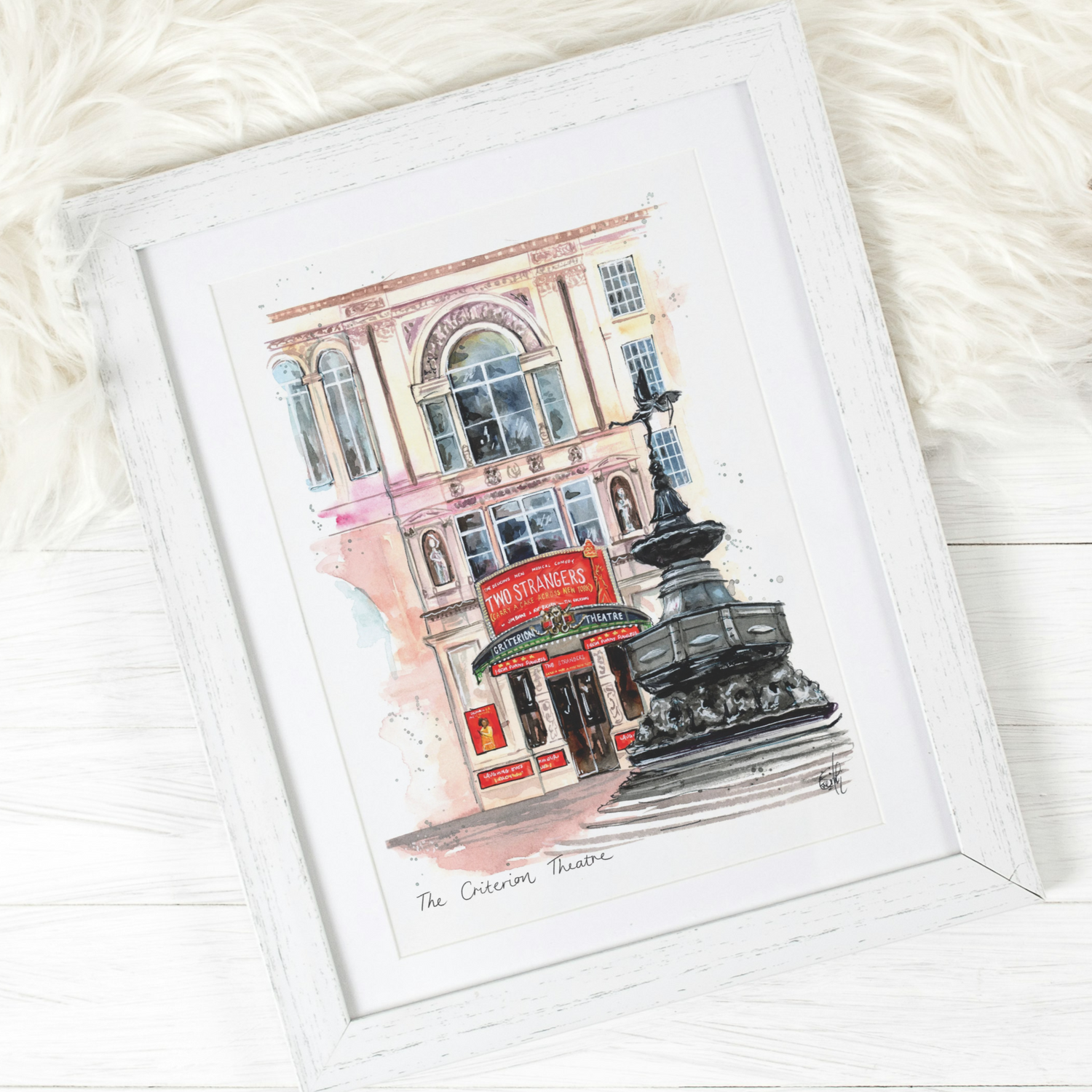 An original watercolour painting of the Criterion Theatre in Piccadilly Circus, featuring the Two Strangers Musical in the West End. Painted by London artist and performer, Eve Leoni Smith.