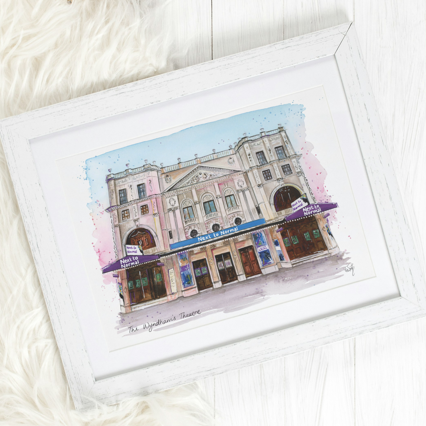 A framed watercolour illustration of Next to Normal the Musical at the Wyndham's Theatre in London's West End, painted by Eve Leoni Smith.