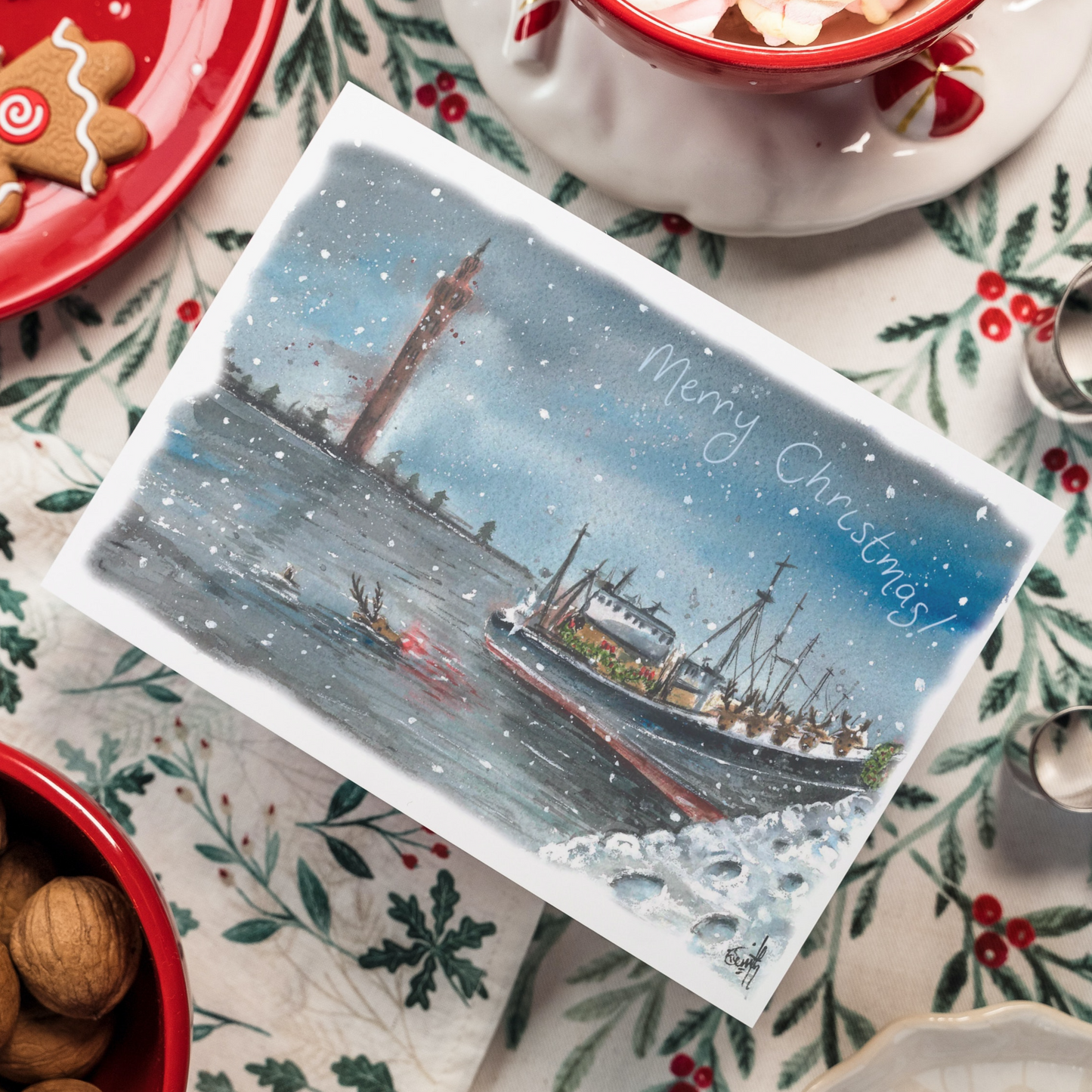 A charming Christmas Card of the Grimsby Docks, featuring Rudolph and other reindeers in one of the Grimsby Trawlers. Painted by local watercolour artist, Eve Leoni Smith.