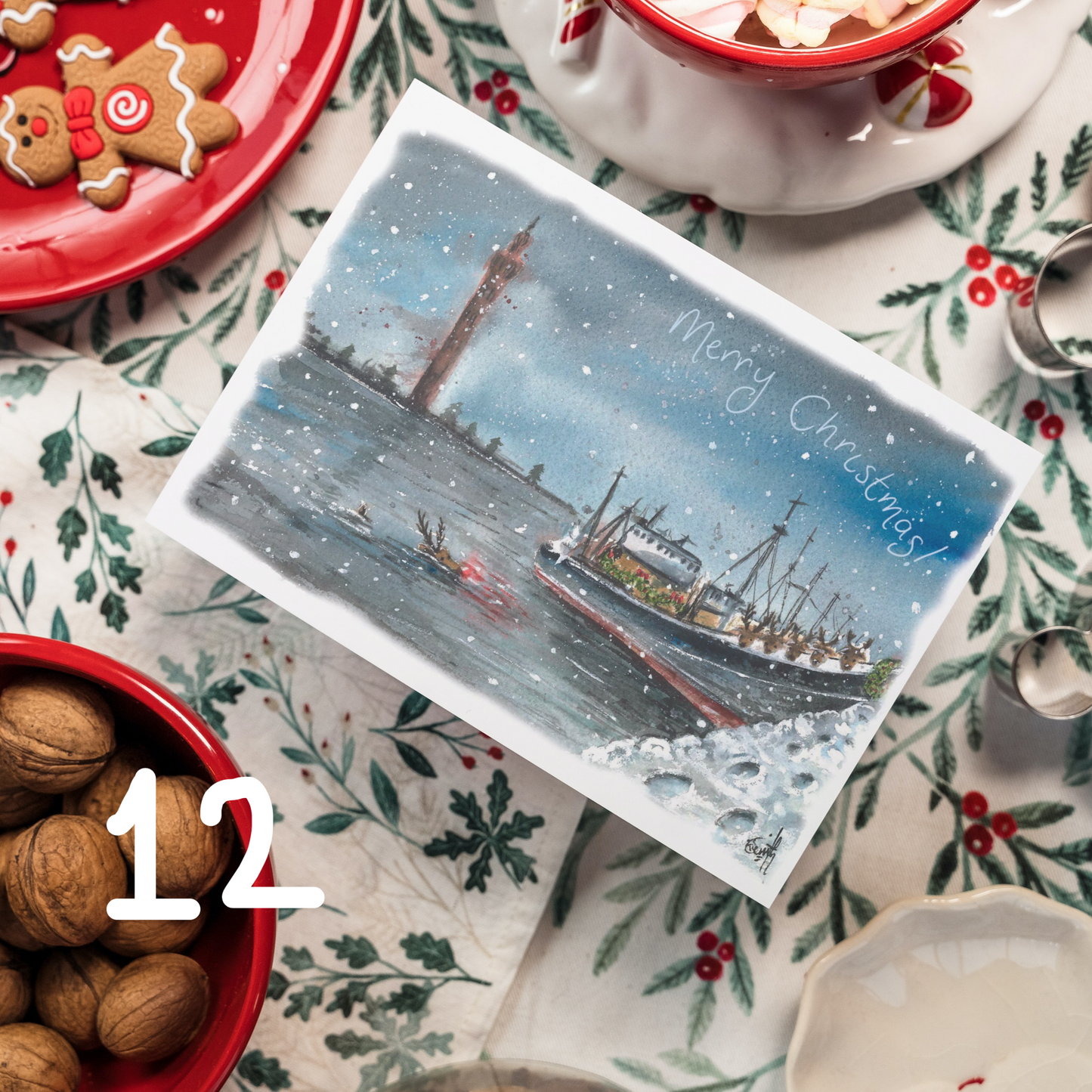 A watercolour painting of the Grimsby Docks at Christmas, as Rudolph and his friends cause mischief on a Grimsby Trawler. Painted by local artist, Eve Leoni Smith.