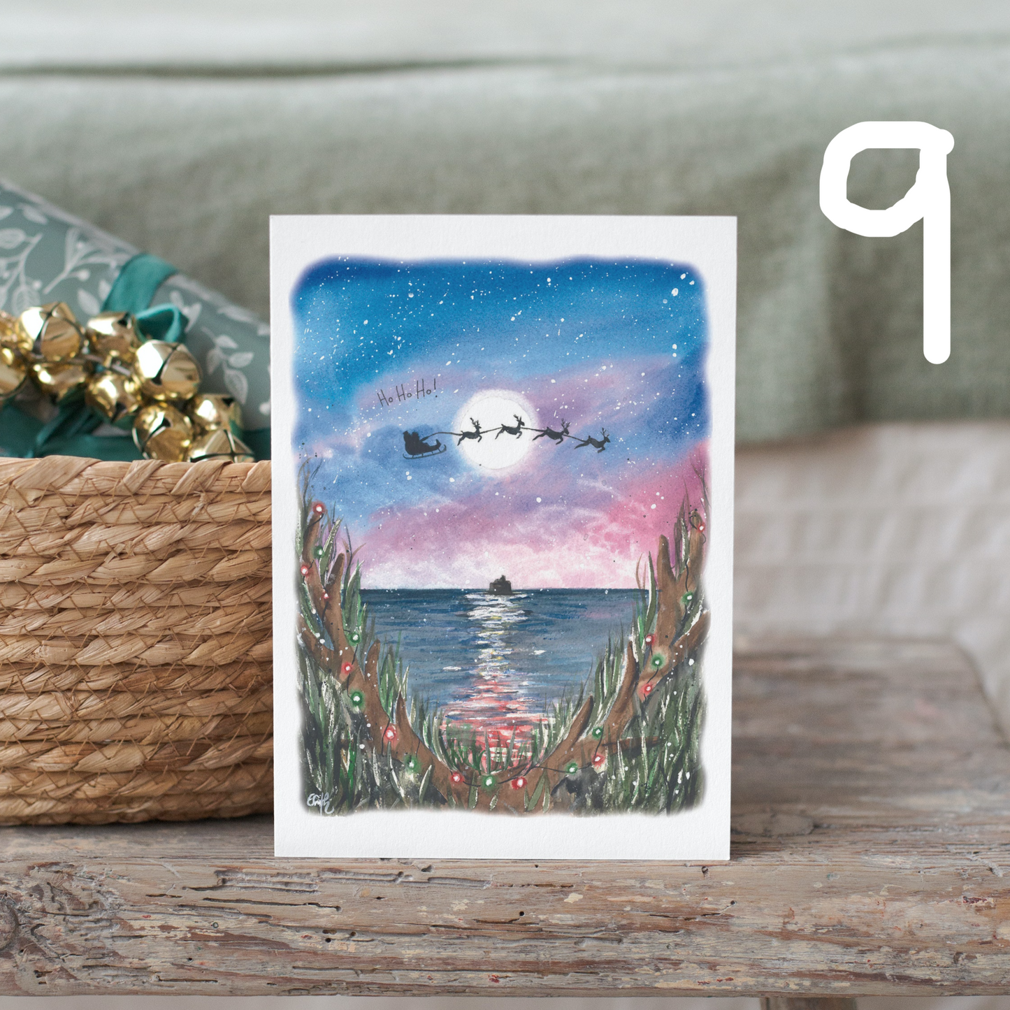 A watercolour painting of the Humberston Fitties as Santa and his reindeers fly over the Haile Sands Fort at Christmas. Featured on a Christmas card as part of Eve Leoni Smith's collection.