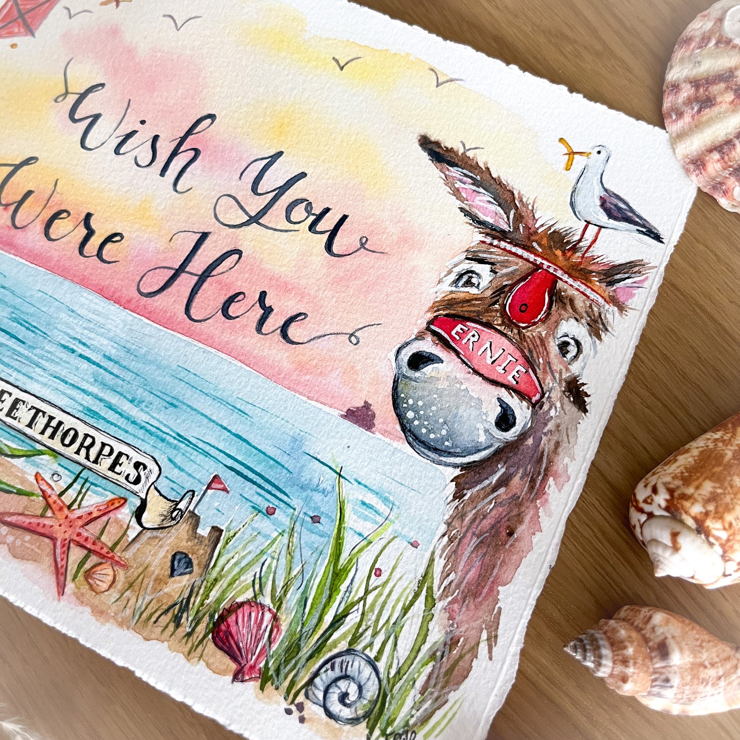 A close up photo of the watercolour design for the Cleethorpes postcards by local artist, Eve Leoni. The design features a donkey named Ernie, with a seagull sat on his head.