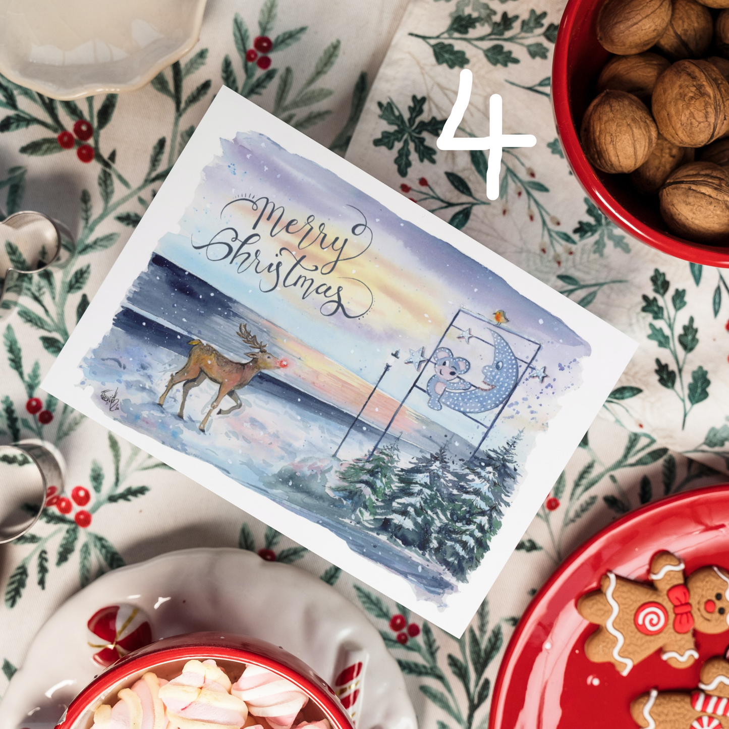 A Christmas card featuring a watercolour painting by Cleethorpes artist, Eve Leoni Smith. Reindeer looking up at the Mouse and the Moon on Cleethorpes seafront.