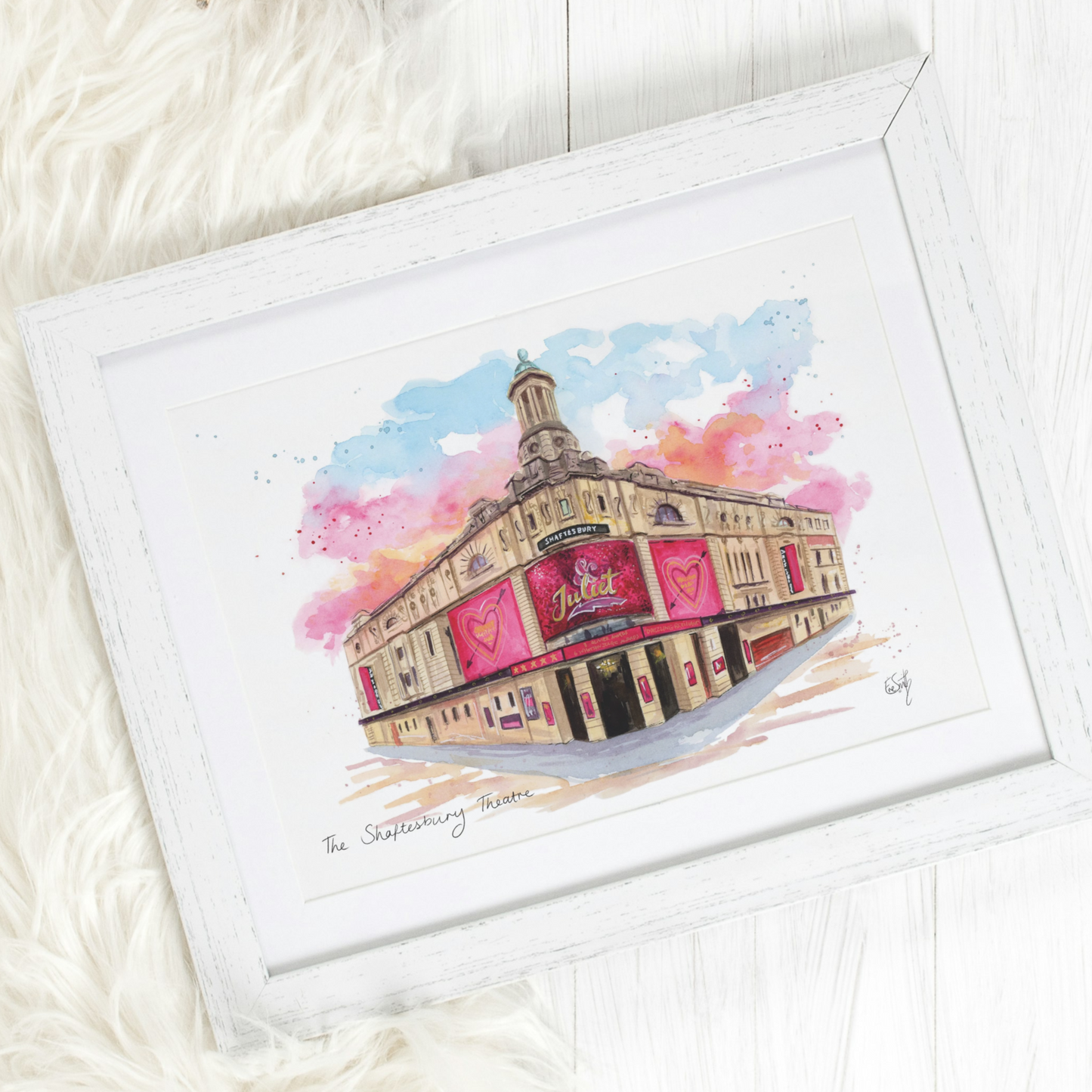 A colourful watercolour painting of the Shaftesbury Theatre in London's West End, painted by London based artist and performer, Eve Leoni Smith. This theatre painting of & Juliet is a great musical theatre gift.