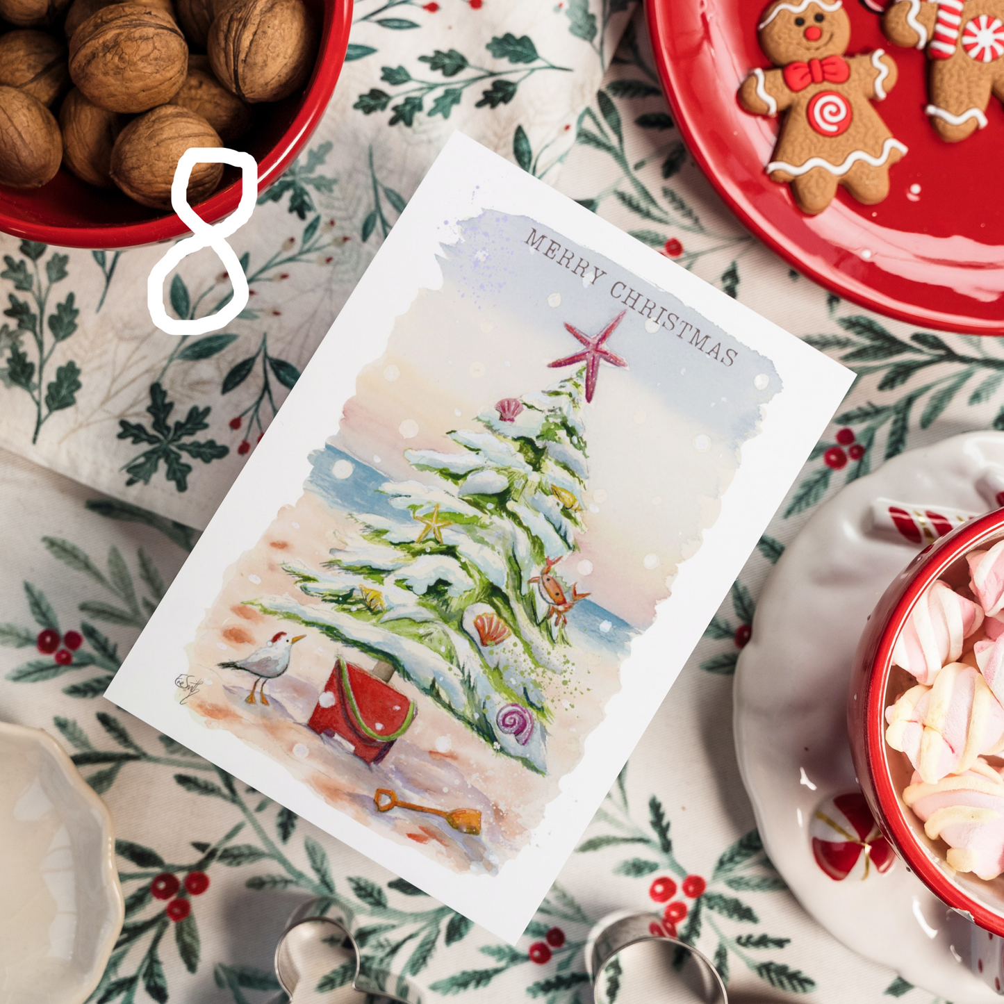 A watercolour illustration of a coastal Christmas tree at the beach by local illustrator, Eve Leoni Art.