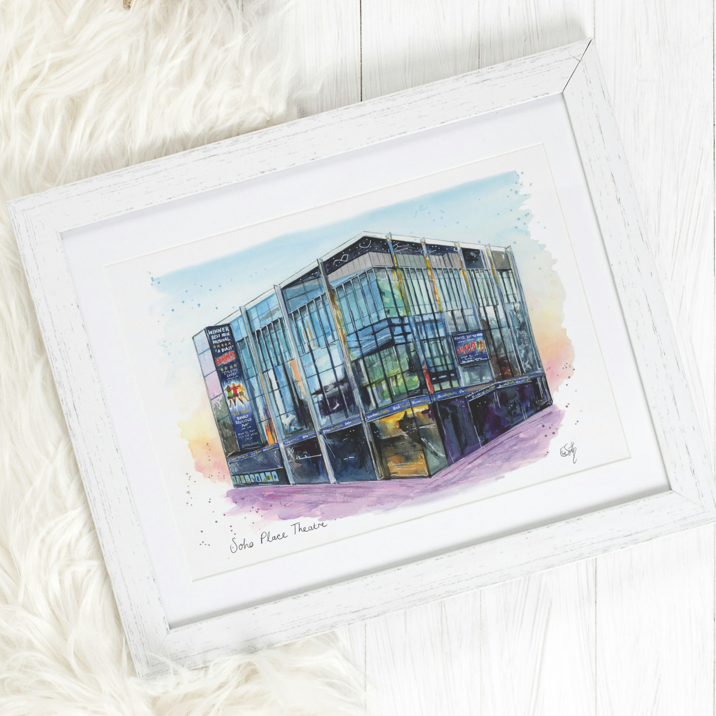 A watercolour illustration of the new West End Theatre, Soho Place, featuring Heathers the Musical and painted by London artist and performer, Eve Leoni Smith.