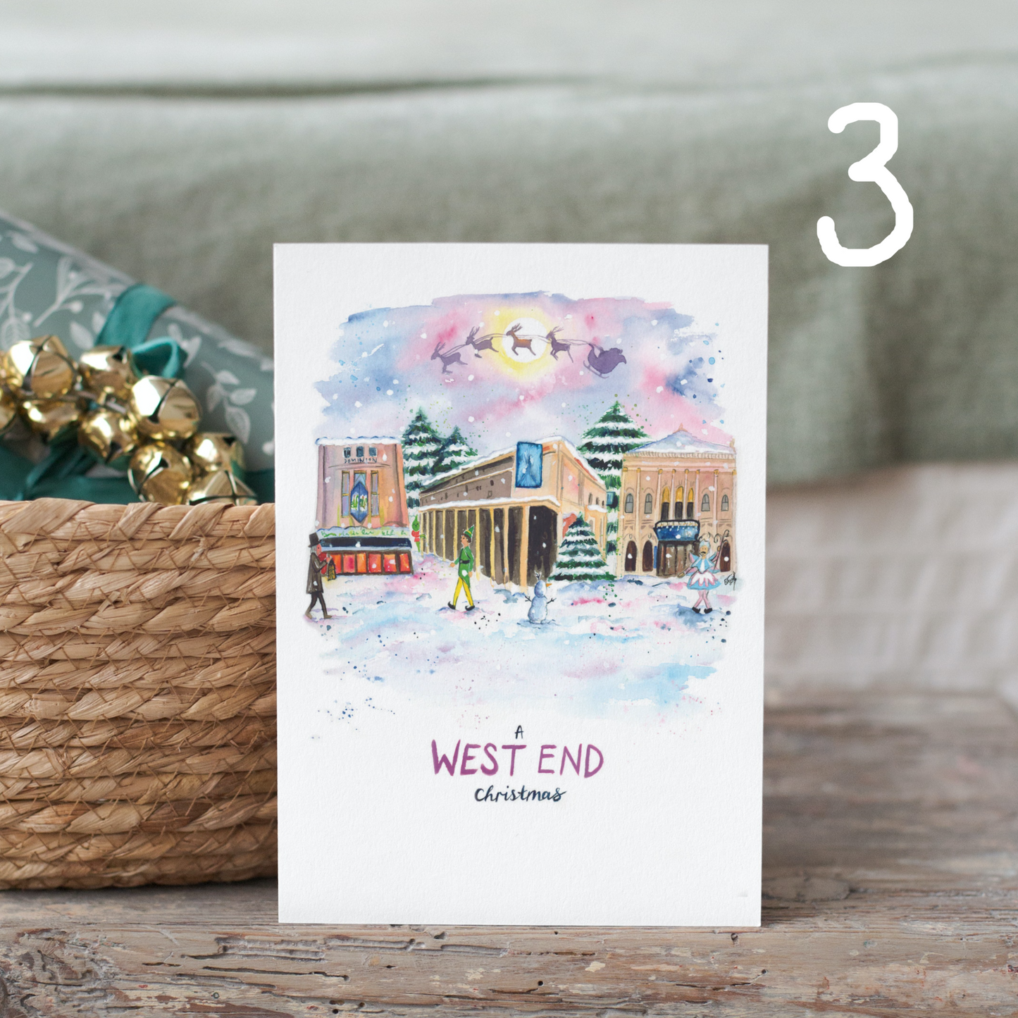 A Christmas card featuring some of London's West End Theatres, painted by London based artist and performer, Eve Leoni Smith.