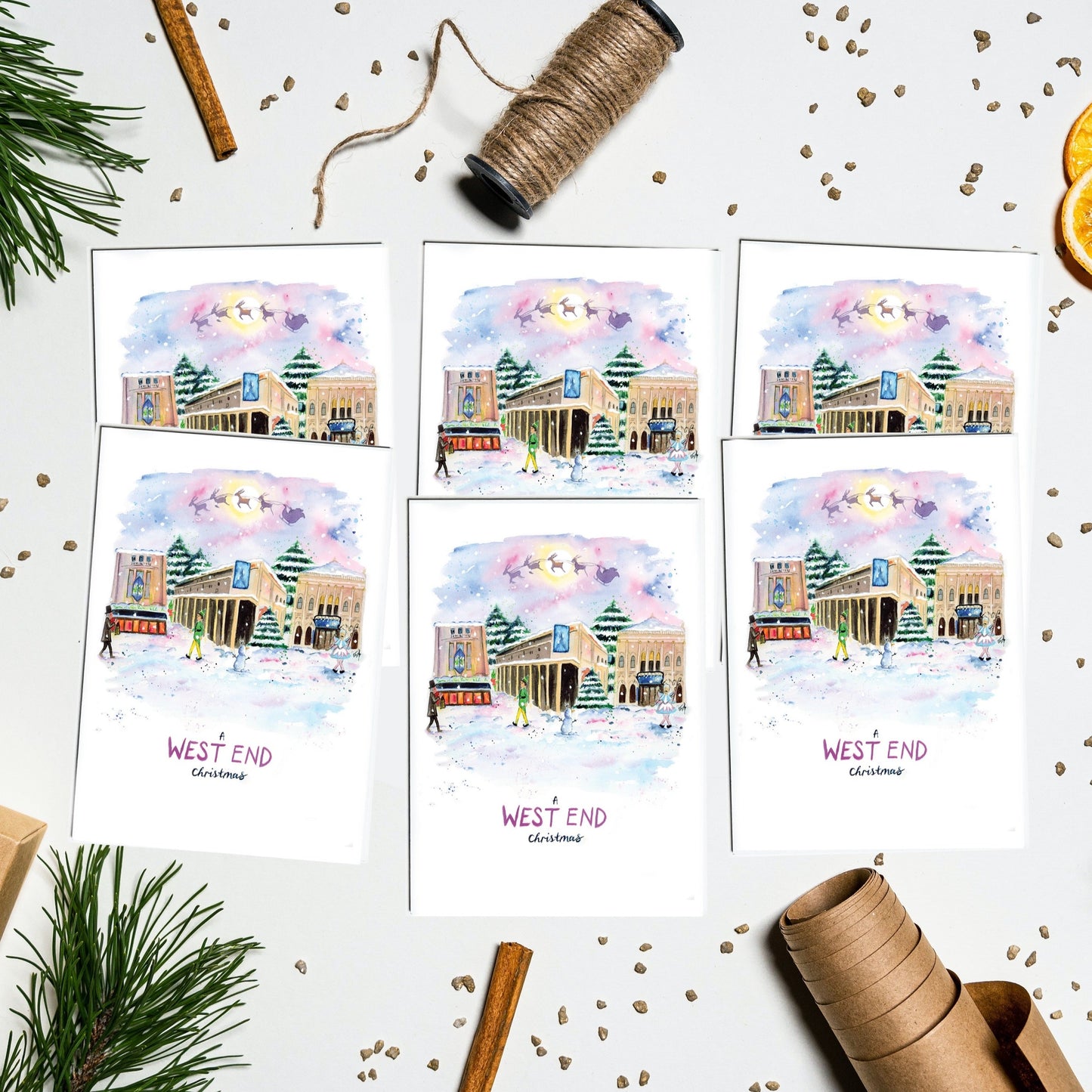 A pack of 6 Christmas Cards featuring West End Theatres in London. Theatres featured include the Dominion Theatre, the Theatre Royal Drury Lane and the Pantomime at the London Palladium. Painted by London based artist and performer, Eve Leoni Smith.