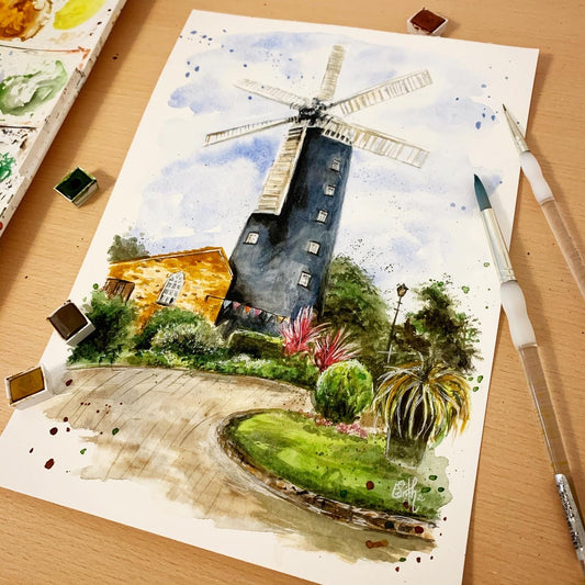 Original watercolour artwork of the Waltham Windmill by local Grimsby artist, Eve Leoni Smith.