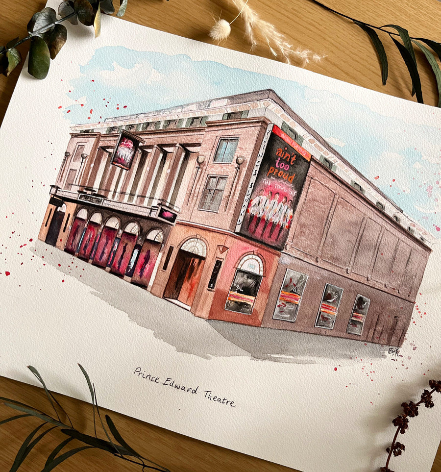 A watercolour painting of the Prince Edward Theatre in the West End, by Eve Leoni Art.
