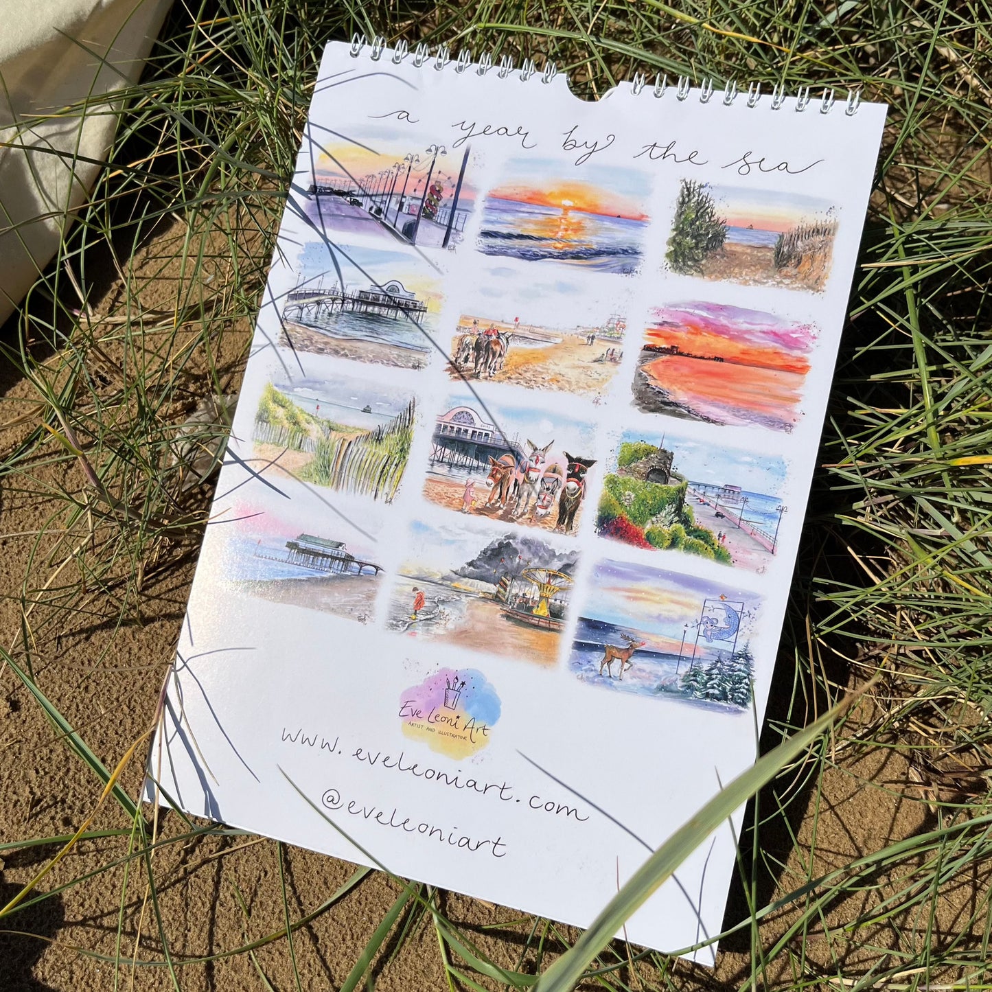 2024 calendar featuring watercolour artwork of Cleethorpes by local Grimsby artist, Eve Leoni Art.