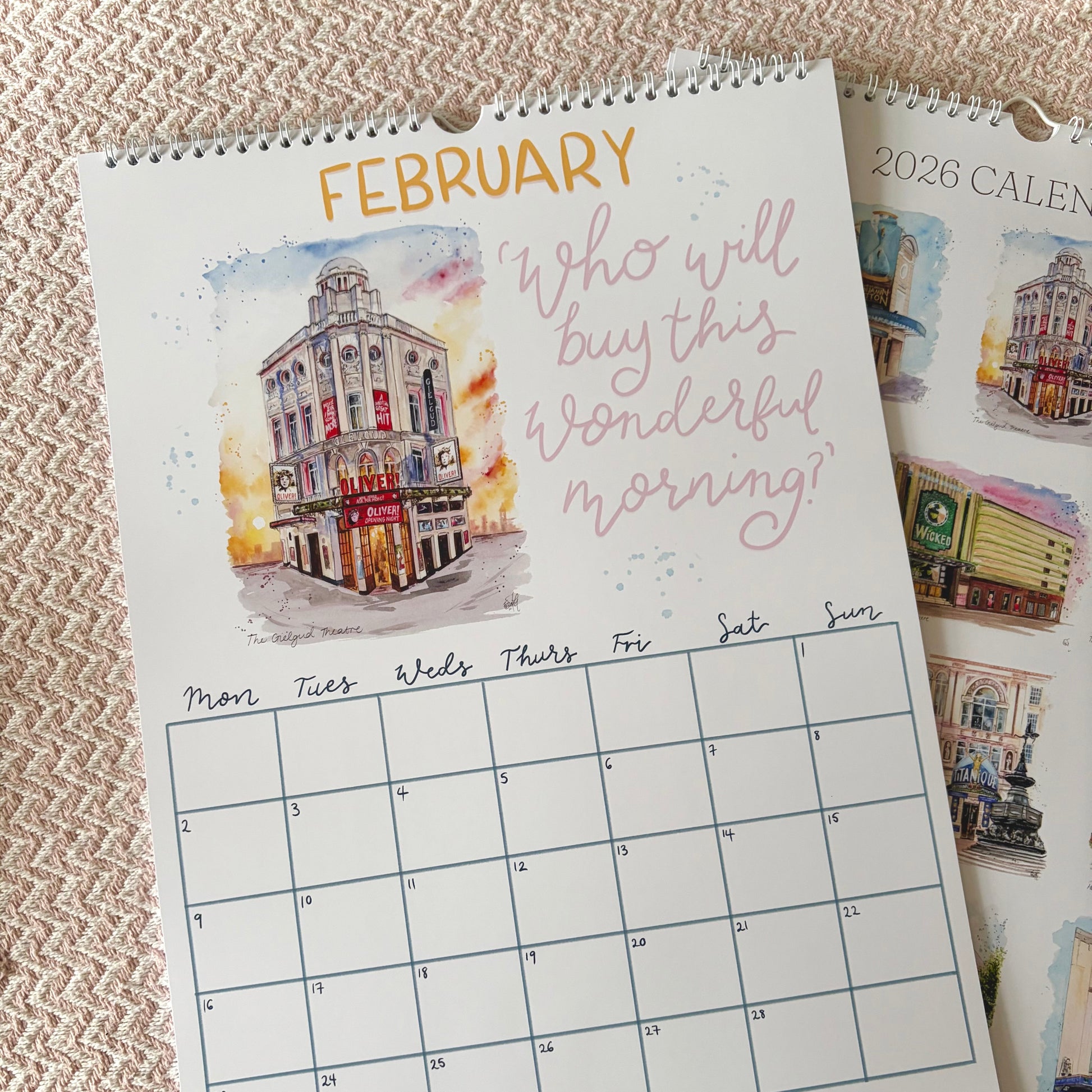 February calendar month featuring a watercolour illustration of Oliver at the Gielgud theatre by Eve Leoni.