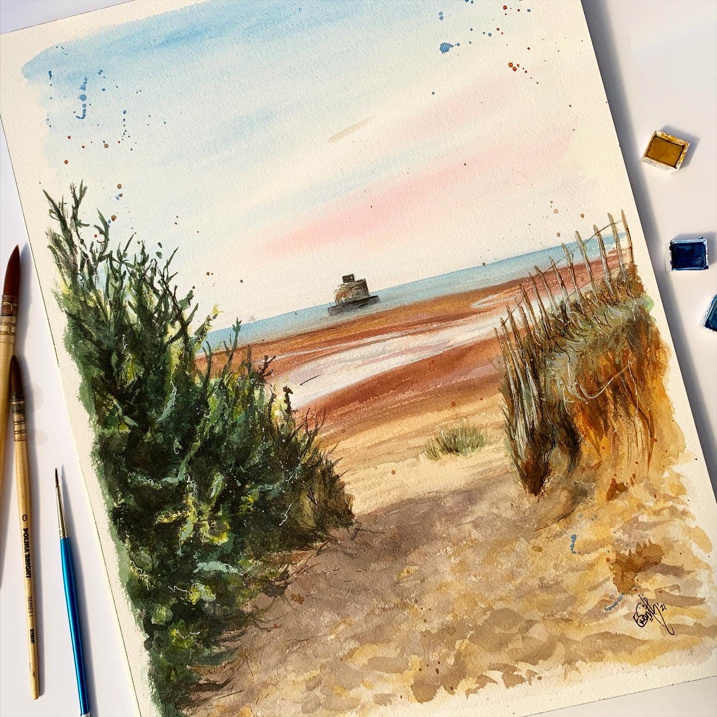 An original watercolour painting of the Haile Sands Fort at Humberston Fitties beach, painted by Eve Leoni Smith, a local Grimsby artist. 