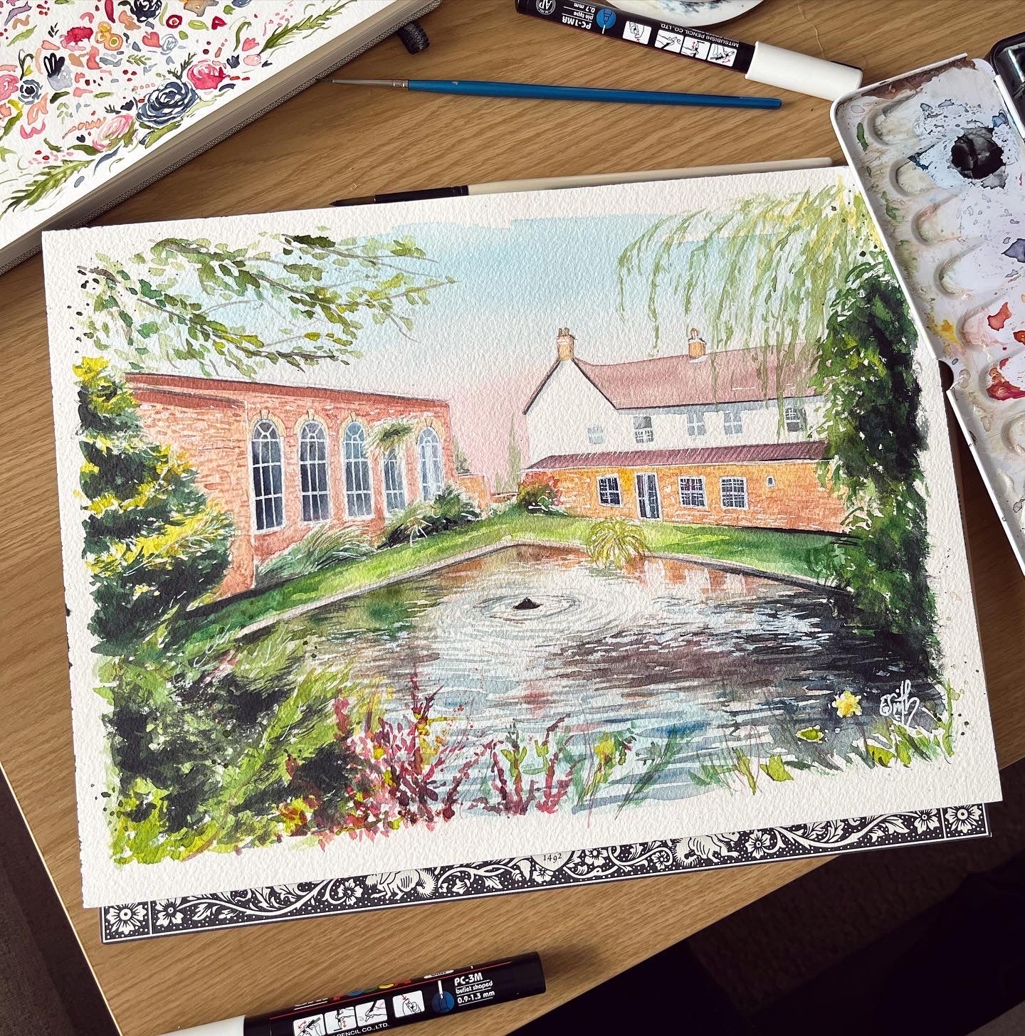 A bespoke watercolour venue illustration of the Stallingborough Grange, Grimsby, painted by local artist, Eve Leoni Smith for wedding invitations.