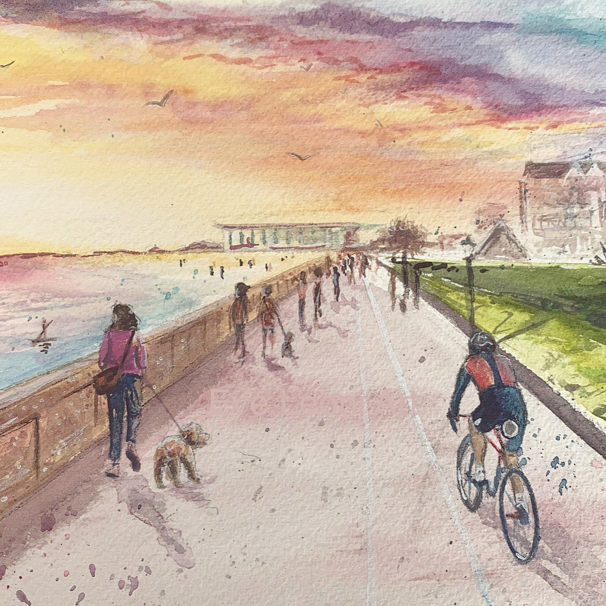Original watercolour painting of some pedestrians and a cyclist along King's Parade, Cleethorpes, towards the leisure centre. Painted by local artist, Eve Leoni Art.