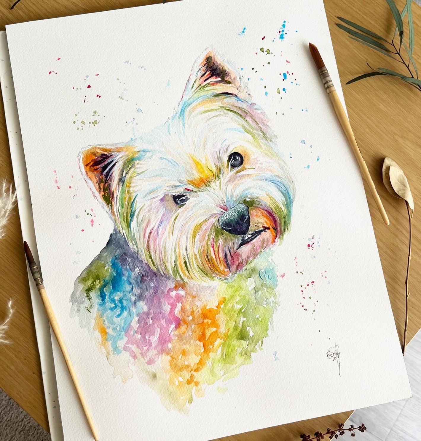 A colourful watercolour portrait of a West Highland Terrier, by Grimsby based artist, Eve Leoni Smith.