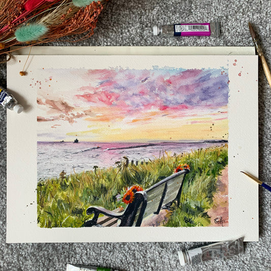 Original watercolour artwork of the view from the Humberston Fitties beach, with the Haile Sands Fort in the background at sunset, painted by local Cleethorpes artist, Eve Leoni Smith. 