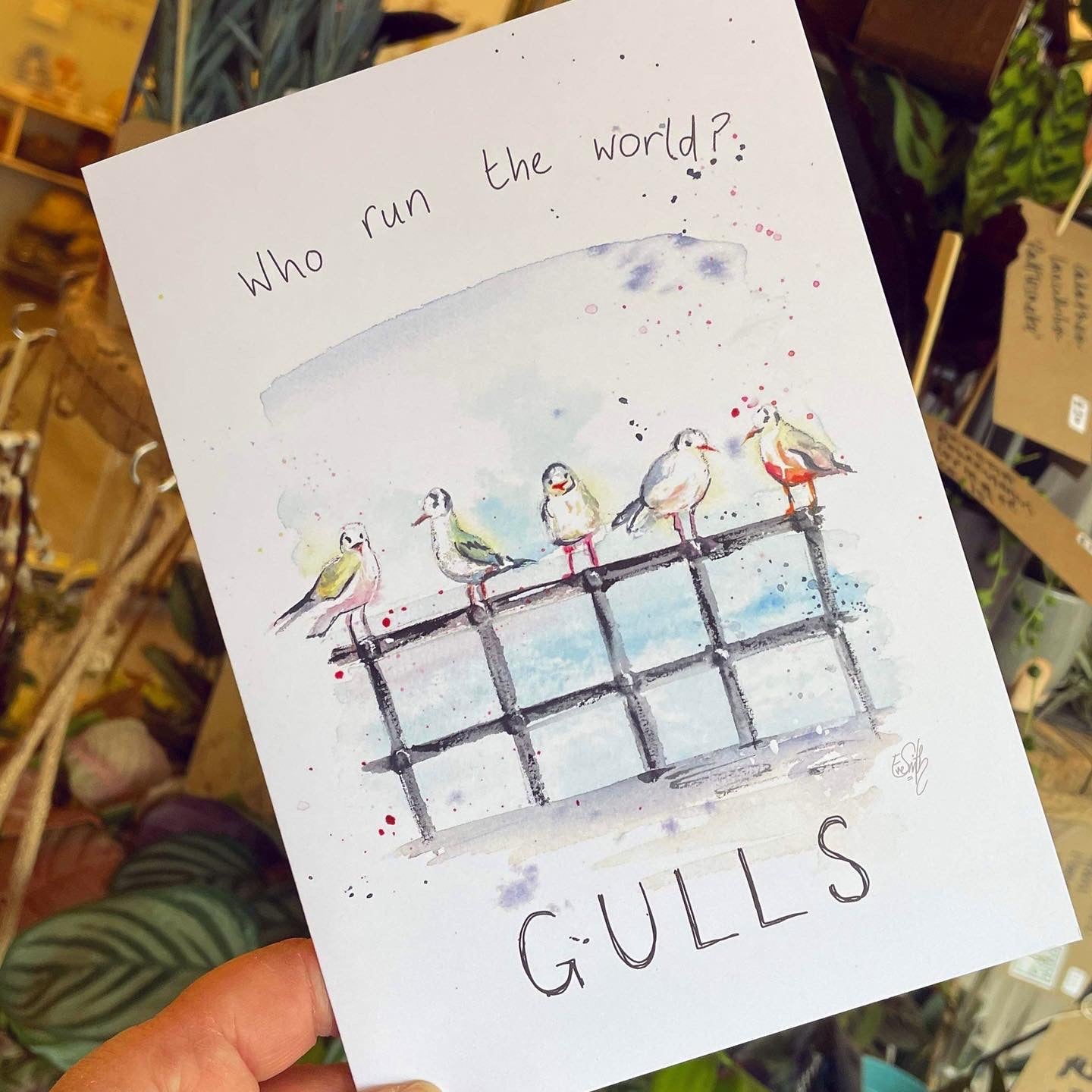 A greetings card featuring watercolour seagull illustrations by local artist Eve Leoni Smith. Writing reads, 'Who run the world? Gulls'.