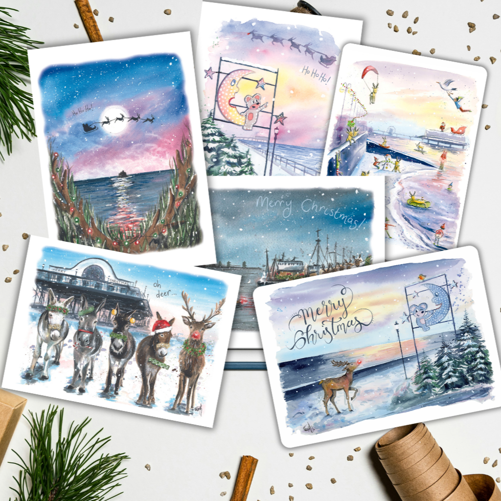A selection of 6 different Cleethorpes paintings at Christmas, designed and illustrated by watercolour artist, Eve Leoni Art. Christmas cards feature paintings of the Cleethorpes donkeys, the Mouse and the Moon and the Grimsby Docks.