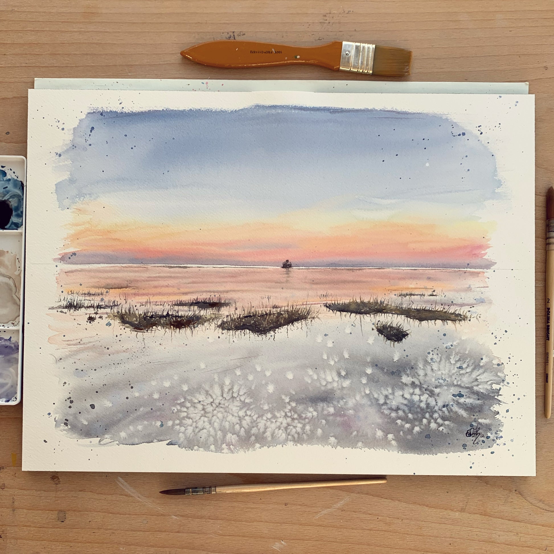 An original watercolour painting of the Haile Sands Fort and the Humberston Fitties beach at sunset in Winter. Painted by local Cleethorpes artist, Eve Leoni Smith. 