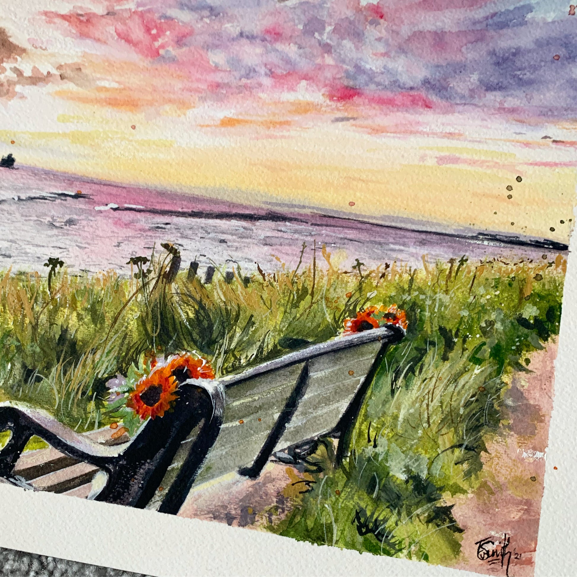 Original watercolour artwork of the view from the Humberston Fitties beach, with the Haile Sands Fort in the background at sunset, painted by local Cleethorpes artist, Eve Leoni Smith. 