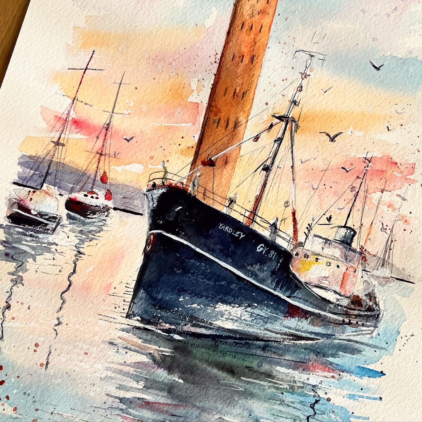A close-up shot of this original watercolour painting of the Grimsby dock tower and trawler painted by local Grimsby artist, Eve Leoni Smith.