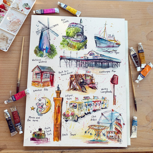 Original watercolour illustrations of local landmarks in Grimsby and Cleethorpes by Cleethorpes artist, Eve Leoni Smith. Painting features the Grimsby dock tower, Cleethorpes Pier, Waltham Windmill and the Mouse and the Moon. 