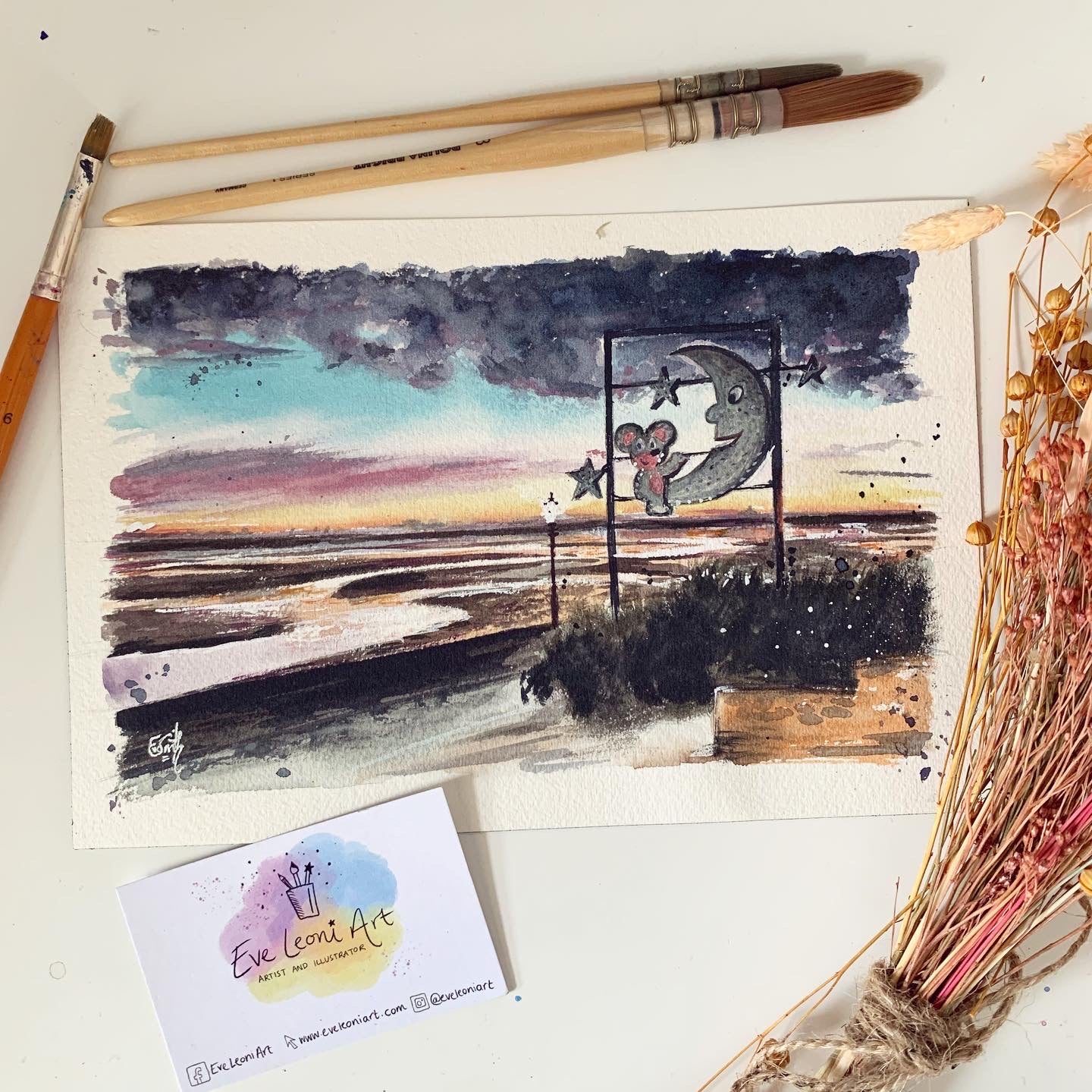 An original watercolour painting of the Mouse and the Moon in the early morning, Cleethorpes. Painted by local Lincolnshire artist, Eve Leoni Smith. 