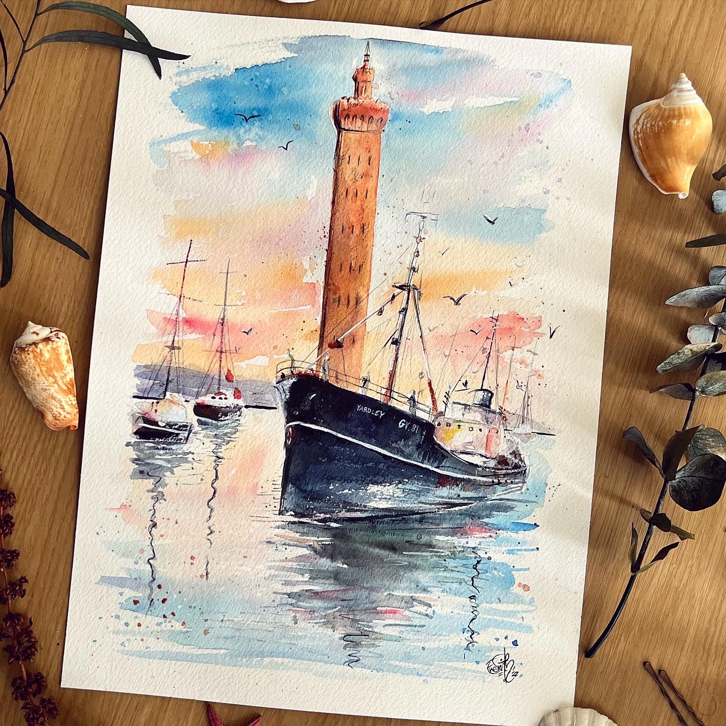 A distinctive original watercolour painting of the Grimsby Dock Tower and trawler coming into landing, painted by Eve Leoni Smith, a local Grimsby artist. 