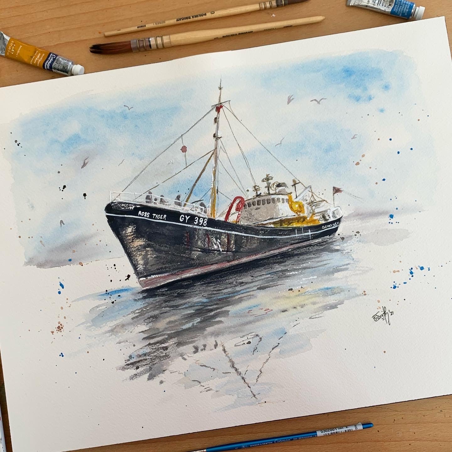 An original watercolour painting of the famous Ross Tiger fishing trawler in Grimsby, painted by local Lincolnshire artist, Eve Leoni Smith. 