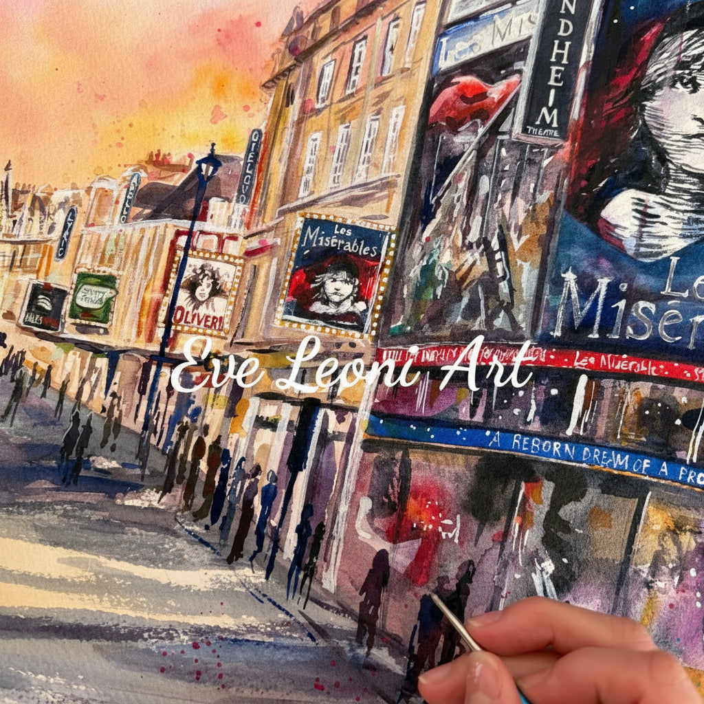 Watercolour painting of Shaftesbury Avenue with the hand of artist Eve Leoni painting the people in front of Les Miserables at the Sondheim Theatre.