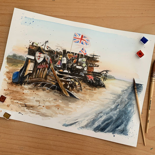 An original watercolour painting of the Buck Beck Beach Bench on Cleethorpes beach by local Grimsby artist, Eve Leoni Smith. 