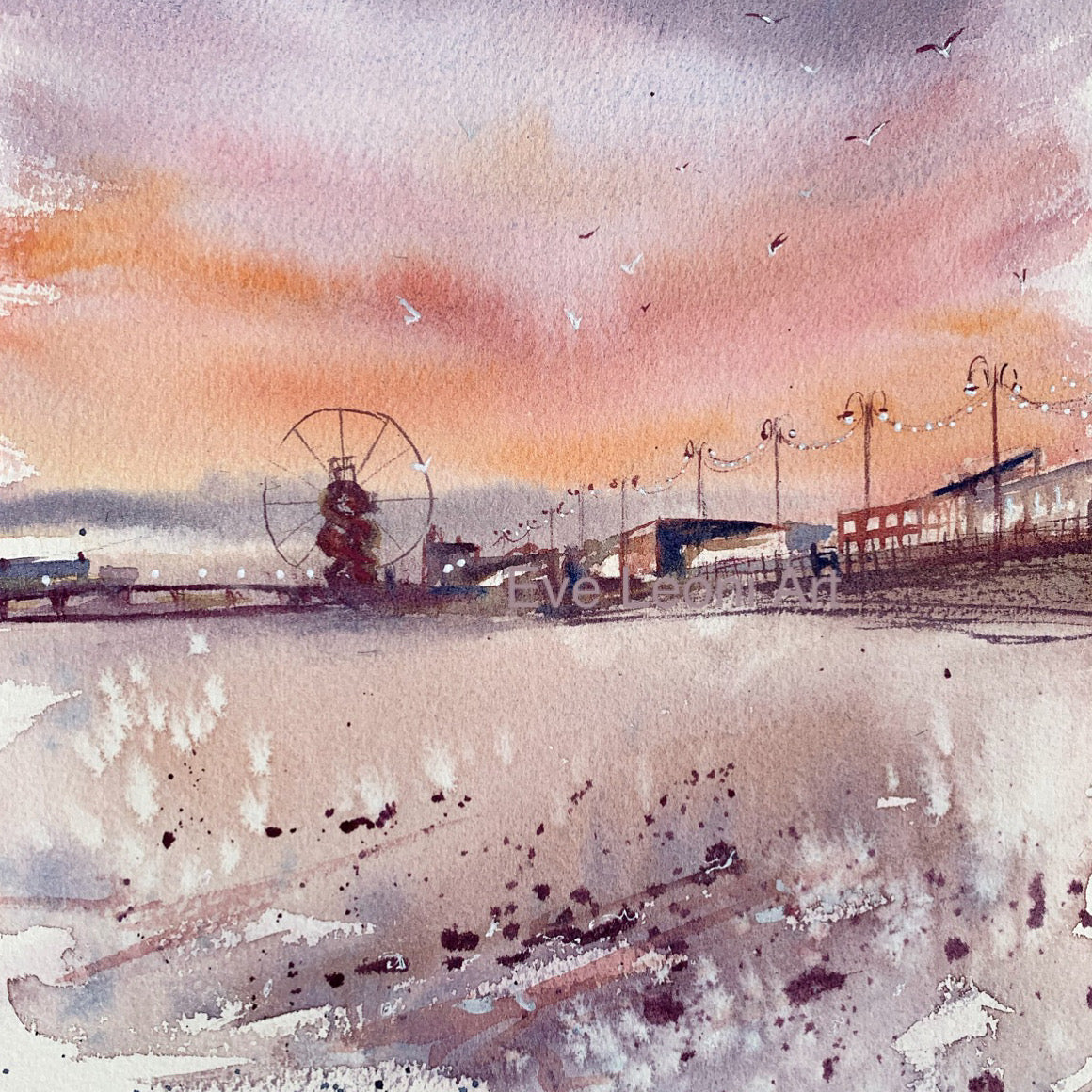 An original watercolour painting of the North promenade in Cleethorpes, featuring the pier in the distance, painted by Eve Leoni Smith.
